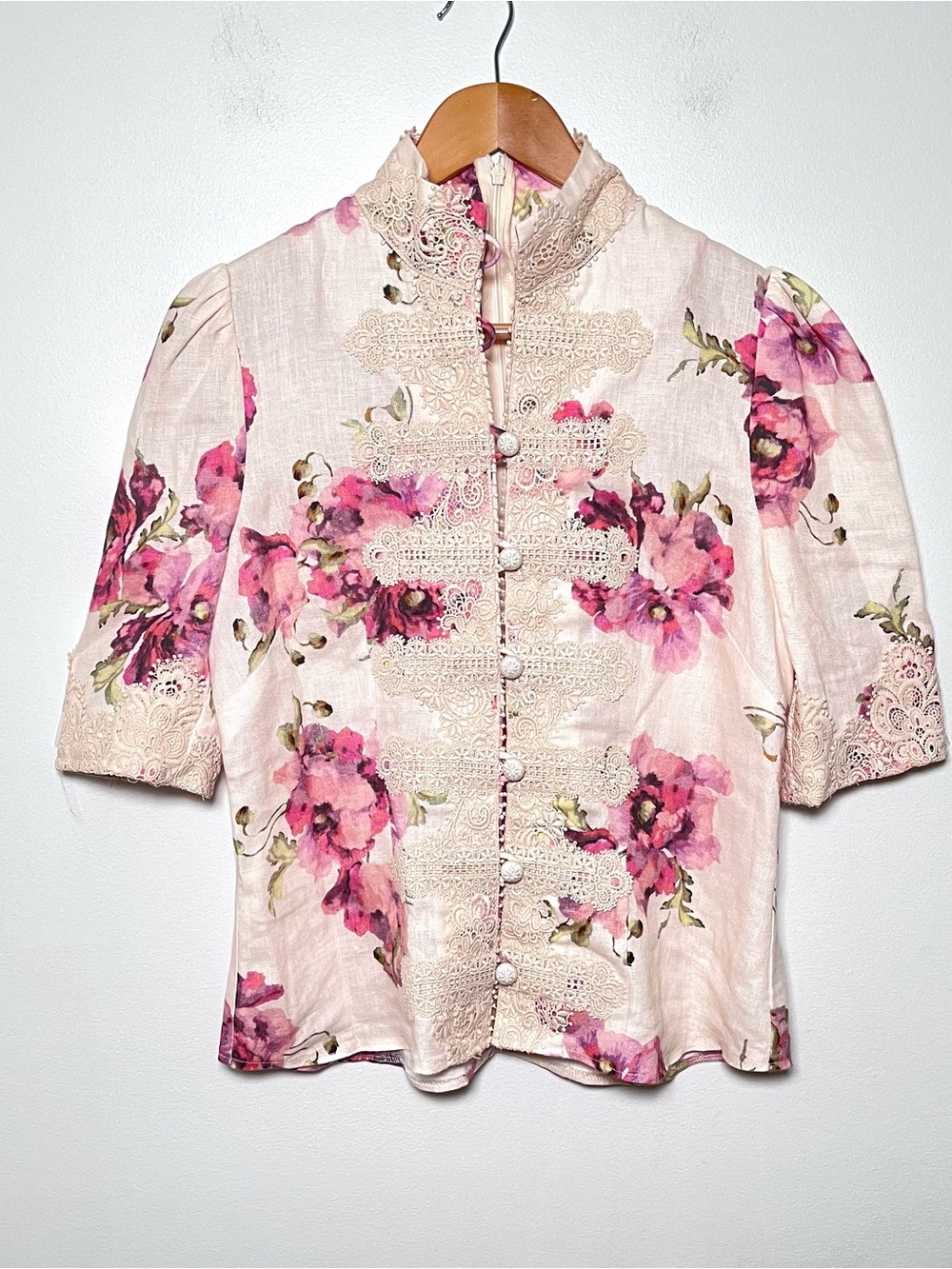 Zimmermann High Tide Appliqué Mandarin Top Size 2 Linen Floral Missing Button